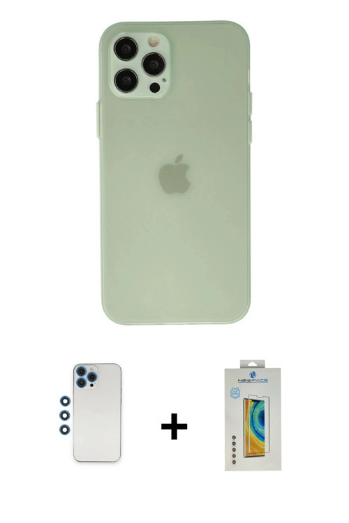 ieg™ iPhone 12 Pro Kılıf Atlas Minimal Prime - Siyah Polymer Nano Ekran Koruyucu + Mavi Shine Kamera