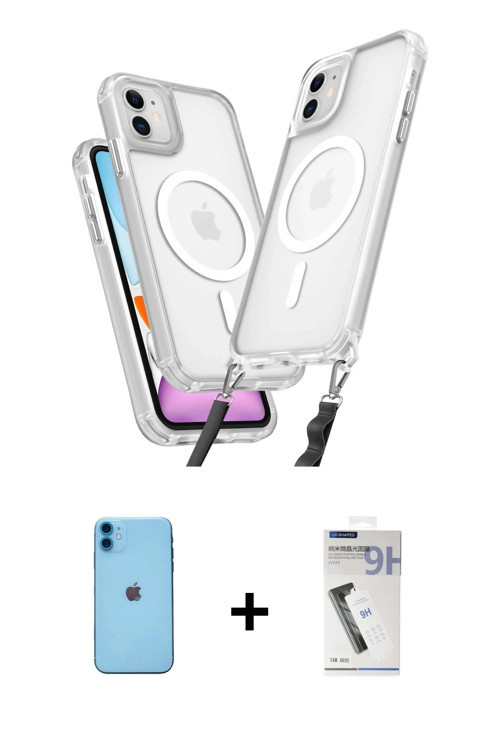 ieg™ iPhone 11 Kılıf Atlas Doku Koleksiyonu - Şeffaf Uv Polymer Nano Ekran Koruyucu + Mavi Neon Fosf