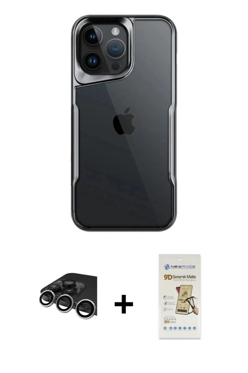 ieg™ iPhone 14 Pro Max Kılıf Akış Çizgi Koleksiyonu - Siyah Mat Seramik Nano Ekran Koruyucu + Gümüş