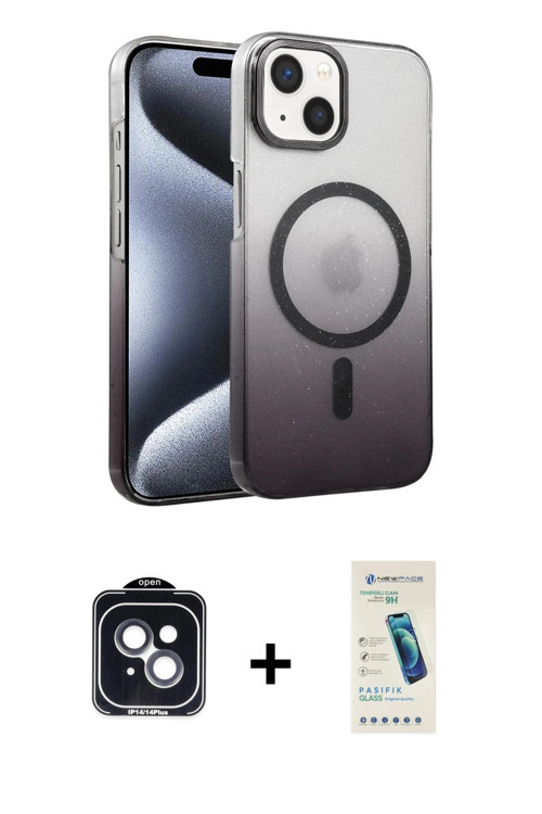 ieg™ iPhone 14 Kılıf Ahenk Doku Özel Seri - Şeffaf Pasifik Cam Ekran Koruyucu + Siyah PVD Metal Kame