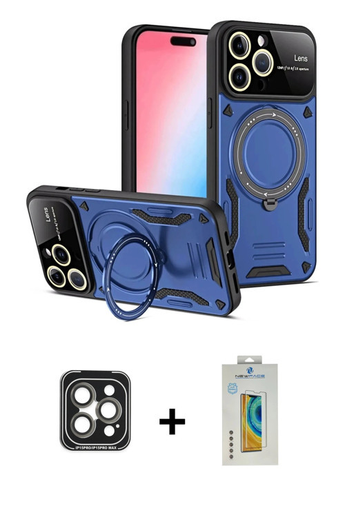 ieg™ iPhone 15 Pro Max Kılıf Kıvılcım Modern Serisi - Siyah Polymer Nano Ekran Koruyucu + Gri PVD Me