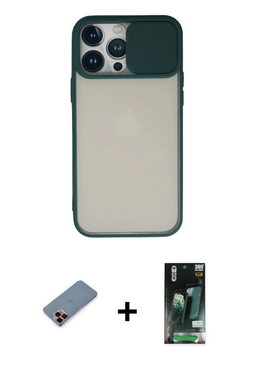 ieg™ iPhone 13 Pro Max Kılıf Vadi Çizgi - Şeffaf 360 Full Body Arka Koruyucu + Kırmızı Metal Kamera