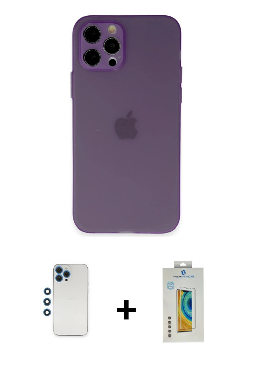 ieg™ iPhone 12 Pro Kılıf Atlas Minimal Prime - Siyah Polymer Nano Ekran Koruyucu + Mavi Shine Kamera