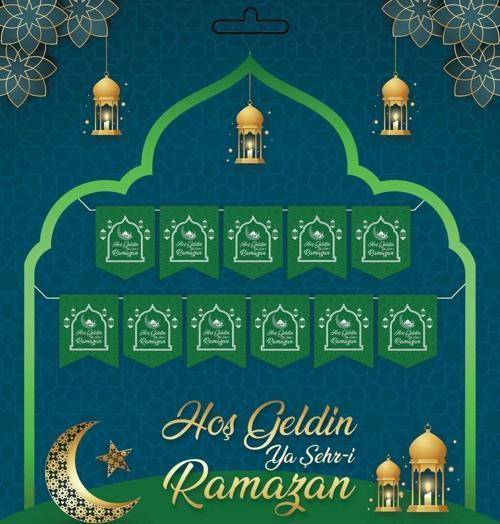 Yeşil 230 cm Hoşgeldin Ya Şehri Ramazan Banner - Hoşgeldin Ramazan Banner Ramazan Süsleri