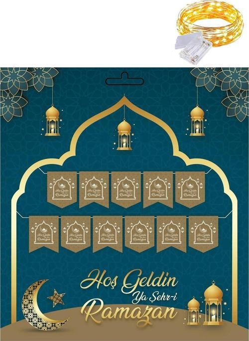 Gold 230 cm Hoşgeldin Ya Şehri Ramazan Banner + Led - Hoşgeldin Ramazan Banner Ramazan Süsleri