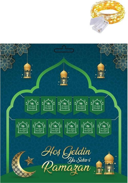 Yeşil 230 cm Hoşgeldin Ya Şehri Ramazan Banner + Led - Hoşgeldin Ramazan Banner Ramazan Süsleri