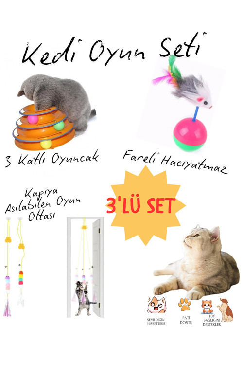Kedi Oyun Seti Interaktif Oyuncaklar Yapışkanlı Kedi Oltası Hacıyatmaz 3 Katlı Kedi Oyuncağı