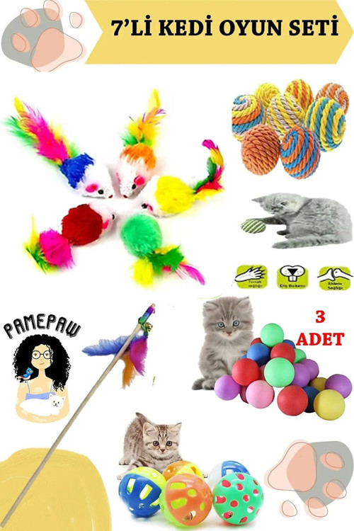 7Li Set : Tüylü Fare Kedi Oyuncağı , Sarma Top , Olta , 3Lü Mini Top , Çıngıraklı Top