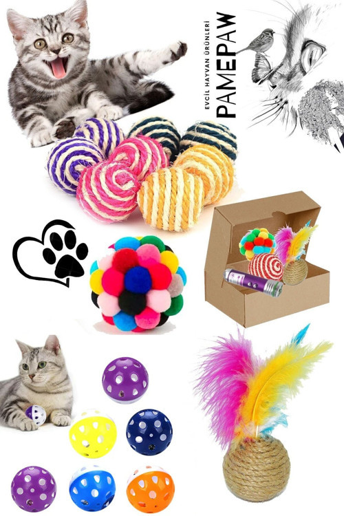 Kedi Sarma Top , Ponpon Top , Tüylü Top Ve Çıngıraklı Top Seti