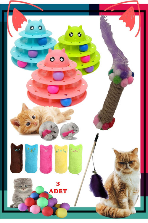 7Li Set:Kedi Nanesi Kokulu Peluş Oyuncak,3 Katlı Oyuncak , Olta , 3Lü Mini Top , Tırmalama Oyuncak