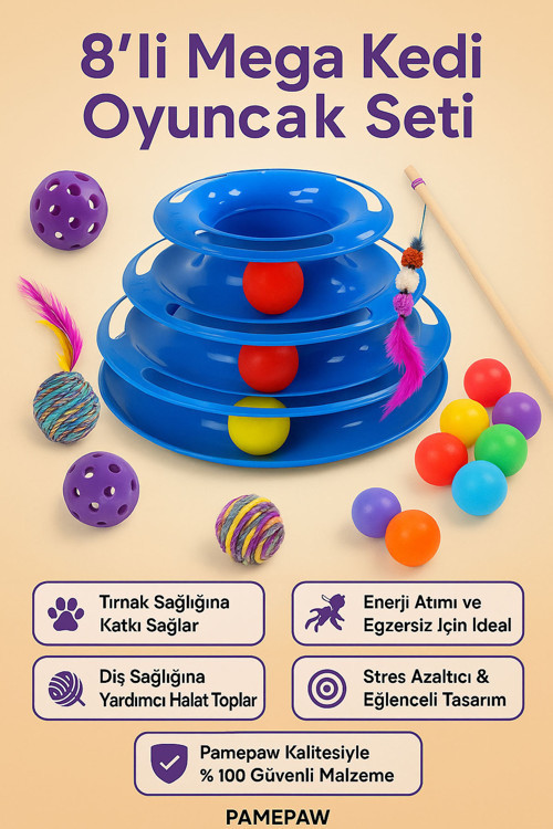 8Li Mega Oyun Seti:Sarma Topu+3Lü Renkli Top+Kedi Oltası+3 Katlı Oyuncak +Çıngıraklı Top+Tüylü Top