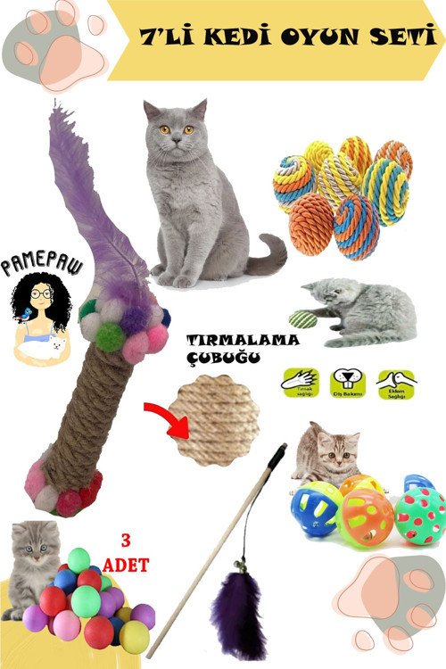 7Li Set : Kedi Tırmalama Oyuncağı , Sarma Top , Olta , 3Lü Mini Top , Çıngıraklı Top