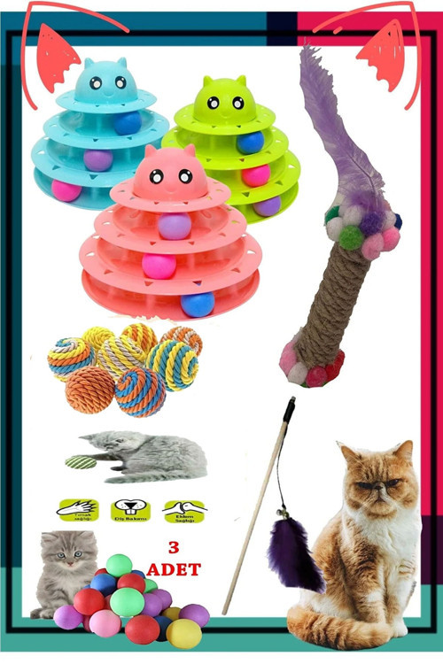 7Li Set:Kedi Sarma Oyun Topu,3 Katlı Oyuncak , Olta , 3Lü Mini Top , Tırmalama Oyuncak