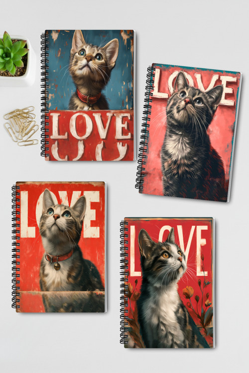 Sevimli Kediler Love Tasarım Tel Spiralli A5 Çizgisiz 4'lü Hatıra, Anı, Okul Defter Seti