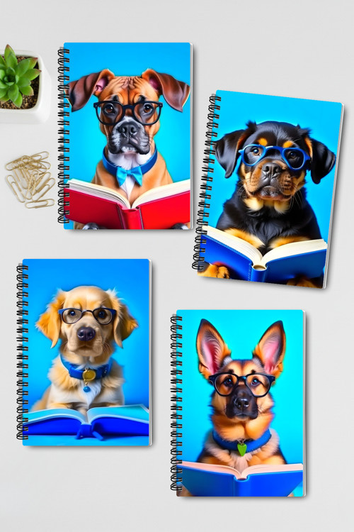 Kitap Okuyan Sevimli Köpekler Tasarım Tel Spiralli A5 Çizgisiz 4'lü Hatıra, Anı, Okul Defter Seti