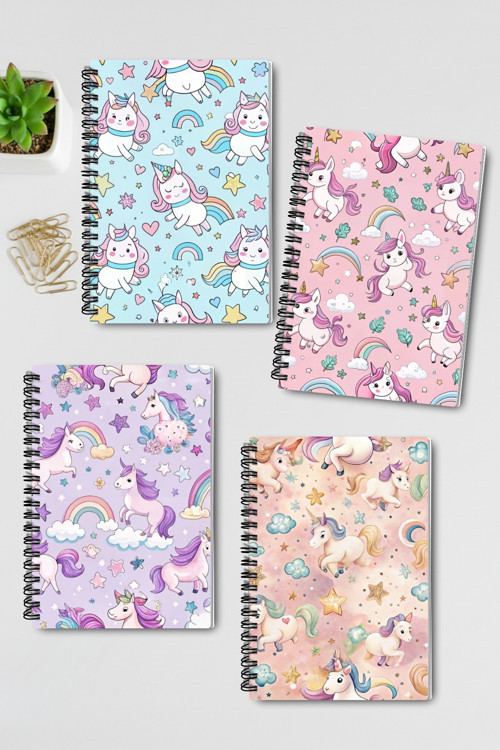 Renkli Unicorn Tasarım Tel Spiralli A5 Çizgisiz 4'lü Hatıra, Anı, Okul Defter Seti