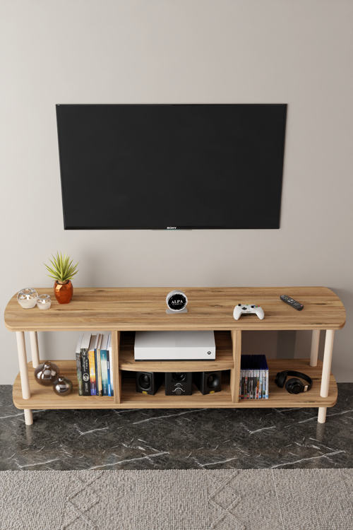 Modern TV Ünitesi Ahşap Raflı 2 Katlı 4 Raflı Televizyon Sehpası Televizyon Ünitesi
