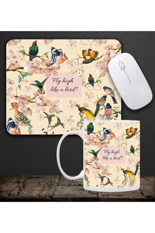 Kuşlu Kupa & Fly High Like a Bird! Tasarım Kuş Motifli Mouse Pad 23x19cm Fare Altlığı Kaydırmaz Taba