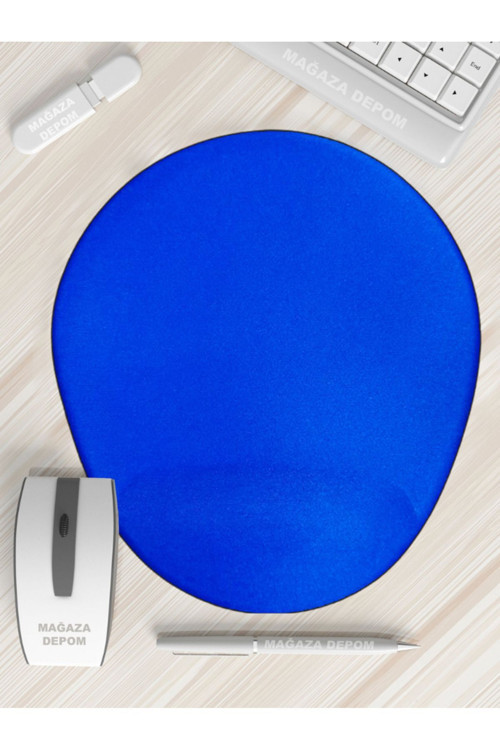 Düz Mavi Renkli Bilek Destekli Oval - Baskılı Mouse Pad