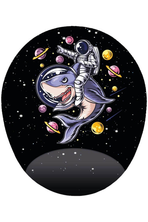 Köpek Balığına Binen Astronot - Oval Bilek Destekli Tasarım Mousepad 20x23 Cm