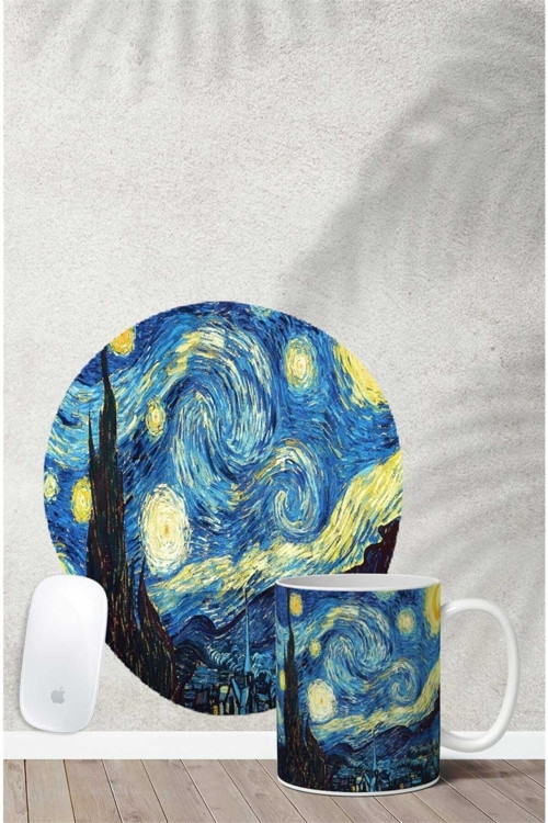 Van Gogh Yıldızlı Geceler Desenli Bilek Destekli Mouse Pad Kupa Seti
