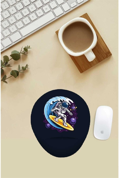 Surfçü Astronot Desenli Desenli Bilek Destekli Mouse Pad