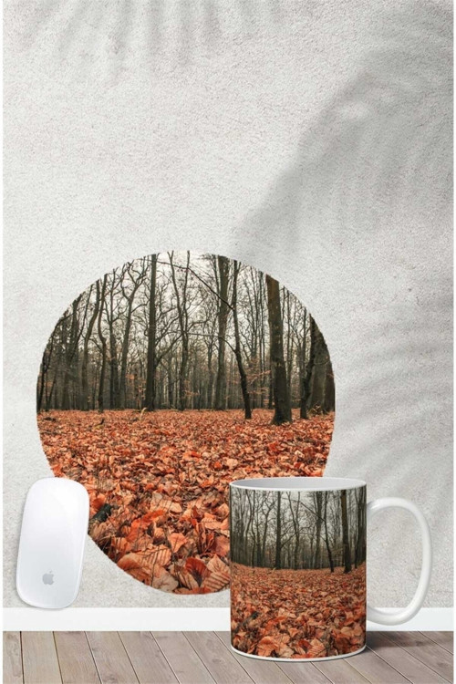 Sonbahar Desenli Bilek Destekli Mouse Pad Kupa Seti