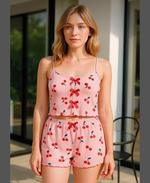 Intive Comfort Pembe Kiraz Desenli İnce Askılı Pijama Şort Takım