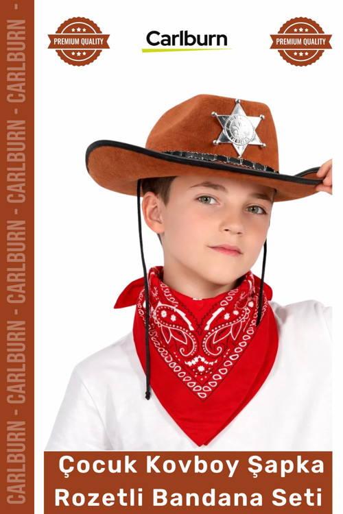 #Kostüm Western Parti Doğum Günü Kostüm Çocuk Kovboy Şapka Rozetli Kahverengi Kırmızı Bandana Seti