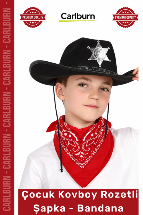 Özel Üretim Western Parti Kostüm Sheriff Rozet Şık Çocuk Kovboy Şapka Rozetli Siyah Kırmızı Bandana