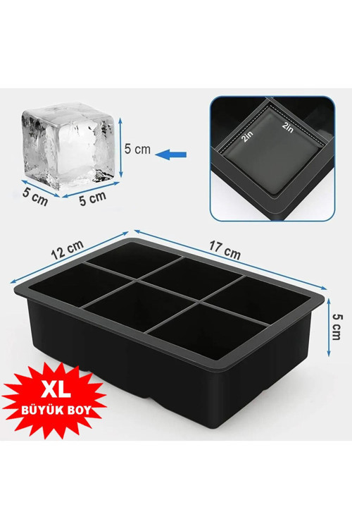 6'lı Kare Buz Kalıbı - 6 Bölmeli Buzluk 5cm Dev Buz Küpleri - Sunum Buz Küpü Siyah