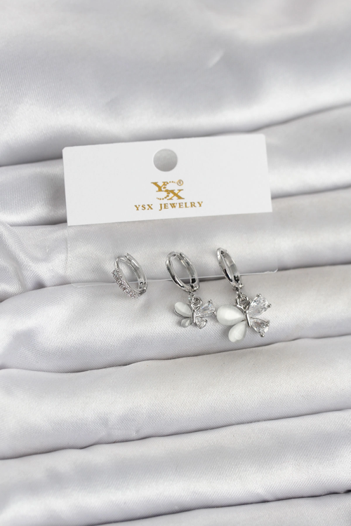 Pirinç Gümüş Renk Kelebek Model 3'lü Kadın Küpe 481348