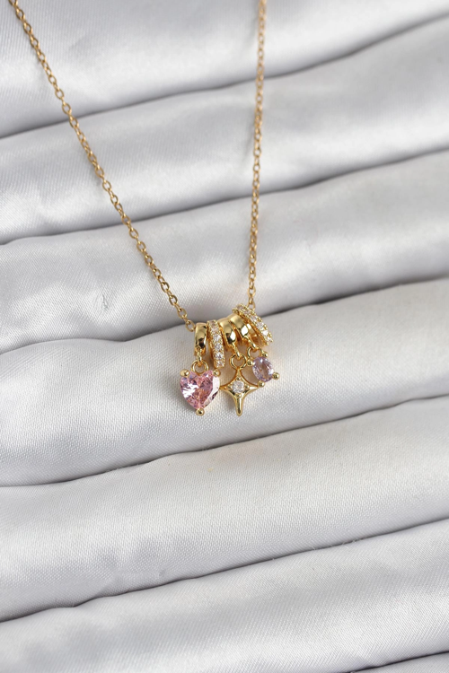 316L Çelik Gold Pembe Zirkon Taşlı Charmlı Kadın Kolye 481348
