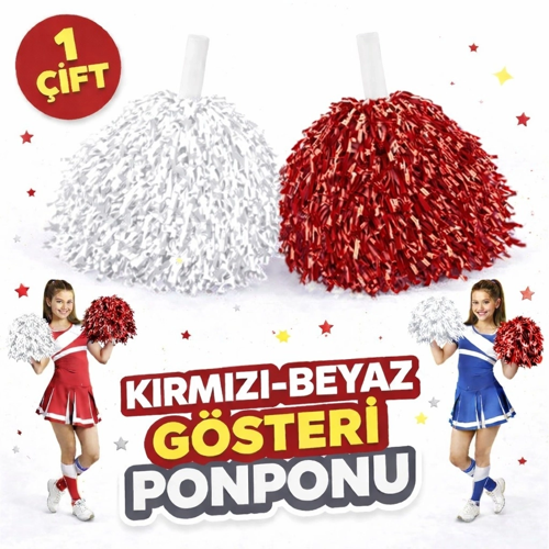 1 Çift ( 2 Adet ) Kırmızı-beyaz Renk 23 Nisan 19 Mayıs 29 Ekim Okul Gösteri Ponpon