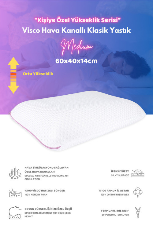 Hava Kanallı Klasik Boyun Destekli Visco Ortopedik Yastık, Medium, 60x40x14cm, Beyaz-pembe