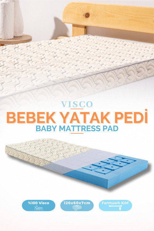 %100 Visco Ortopedik Bebek Yatağı Pedi, Yatak Şiltesi, 120x60x7 cm, Yıkanabilir Fermuarlı Kılıf