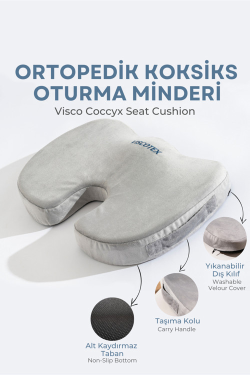 Visco Ortopedik, Kaydırmaz Tabanlı, Ofis, Araba, Koksiks Oturma Minderi, 45x34x7cm