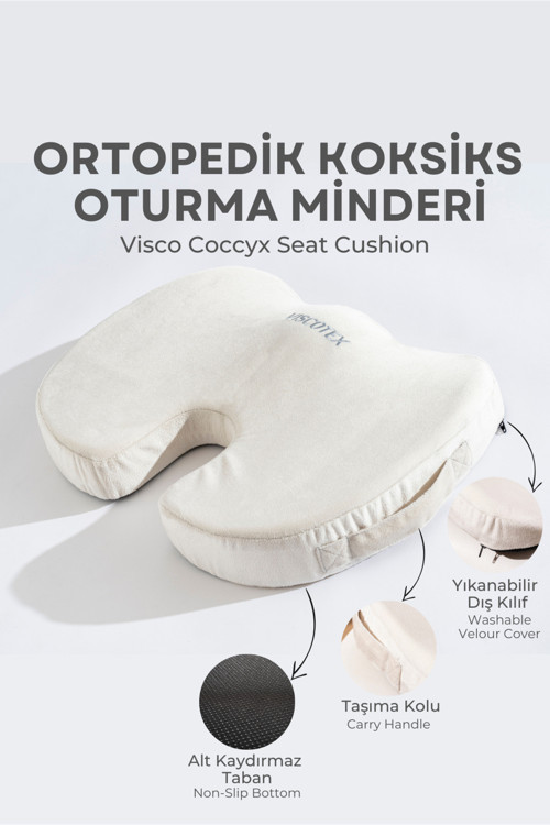 Visco Ortopedik, Kaydırmaz Tabanlı, Ofis, Araba, Koksiks Oturma Minderi, 45x34x7cm
