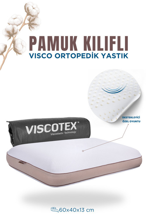 Pamuk Kılıflı Medium Boyun Destekli Visco Ortopedik Yastık, Kahverengi, 60x40x13 Cm