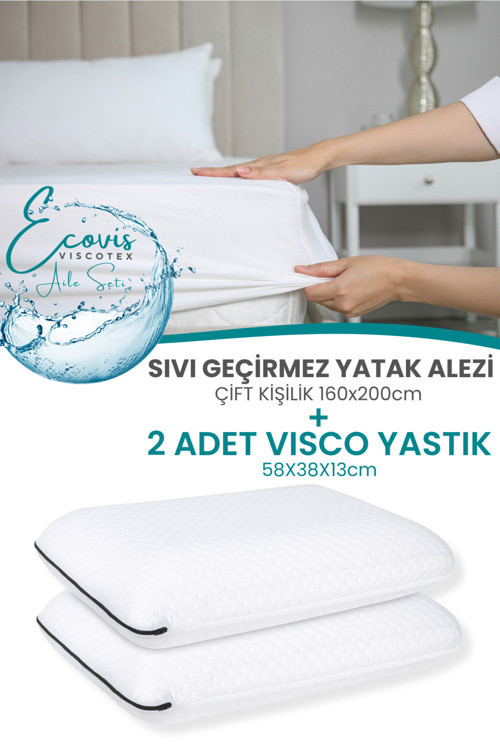 Ecovis Aile Seti, 2'li Visco Yastık Ve Çift Kişilik Sıvı Geçirmez Fitted Yatak Alezi 160x200cm