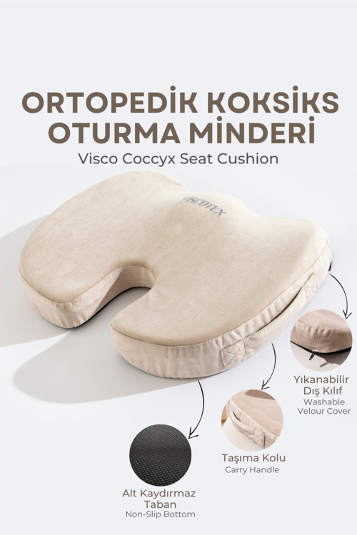 Visco Ortopedik, Kaydırmaz Tabanlı, Ofis, Araba, Koksiks Oturma Minderi, 45x34x7cm