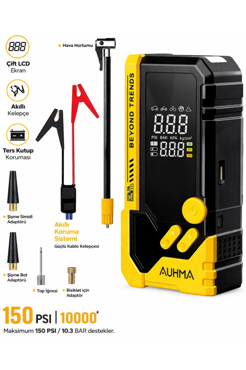 Auhma A8844 Akü Takviye Cihazı & Hava Kompresörü - 10000mAh Powerbank, 150 PSI, 1000A Peak, LED Fene