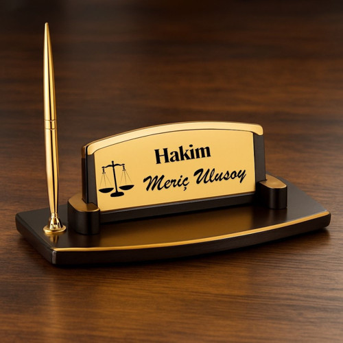 Kişiye Özel Hakim Masa Üstü İsimlik – Altın Renk Şık Tasarım Kalemli Ofis İsimliği