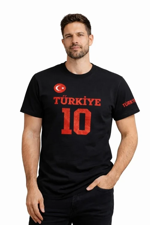Erkek TÜRKİYE Ay Yıldız Baskılı 10 Numara Forma Tişört Taraftar T-Shirt - Siyah