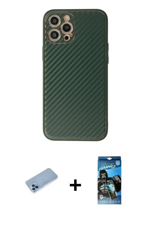 ieg™ iPhone 12 Pro Max Kılıf Ahenk Işık - Siyah 34D Izgaralı Cam + Mavi Shine Kamera Lens Koruma Cam