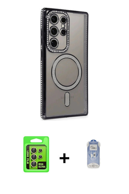 ieg™ Galaxy S24 Ultra Kılıf Zirve Doku Prime - Siyah Joko Magic 5D Cam + Sarı Raze Metal Kamera Lens