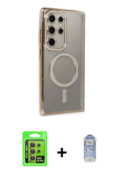 ieg™ Galaxy S24 Ultra Kılıf Zirve Doku Prime - Siyah Joko Magic 5D Cam + Sarı Raze Metal Kamera Lens