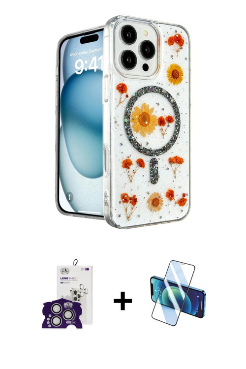ieg™ iPhone 16 Pro Max Kılıf Kozmos Doku - Siyah 3D Antistatik Cam Ekran Koruyucu + Gümüş Bilvis Tit
