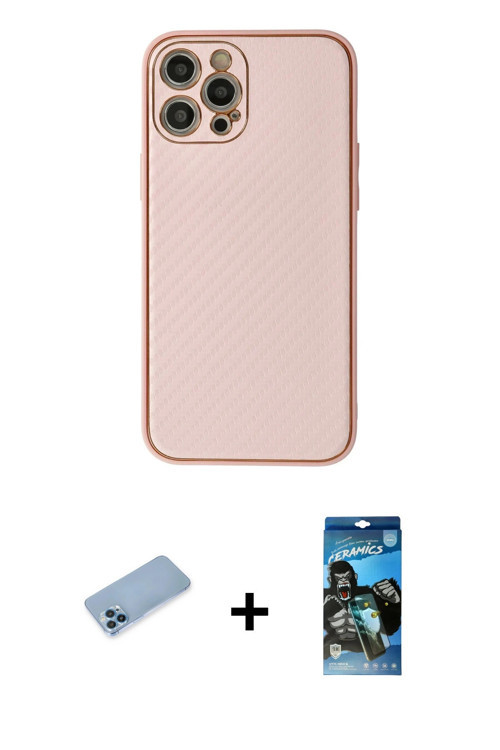 ieg™ iPhone 12 Pro Max Kılıf Ahenk Işık - Siyah 34D Izgaralı Cam + Mavi Shine Kamera Lens Koruma Cam