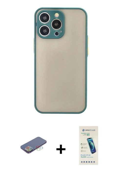 ieg™ iPhone 13 Pro Max Kılıf Ahenk Çizgi Serisi - Şeffaf Pasifik Cam Ekran Koruyucu + Mavi Renkli Ka